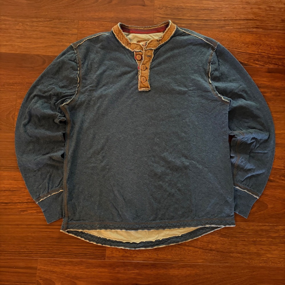 Y2K Carbon 2 Cobalt Long Sleeve Henley Shirt Blue Cotton Raw Hem Edge Size M